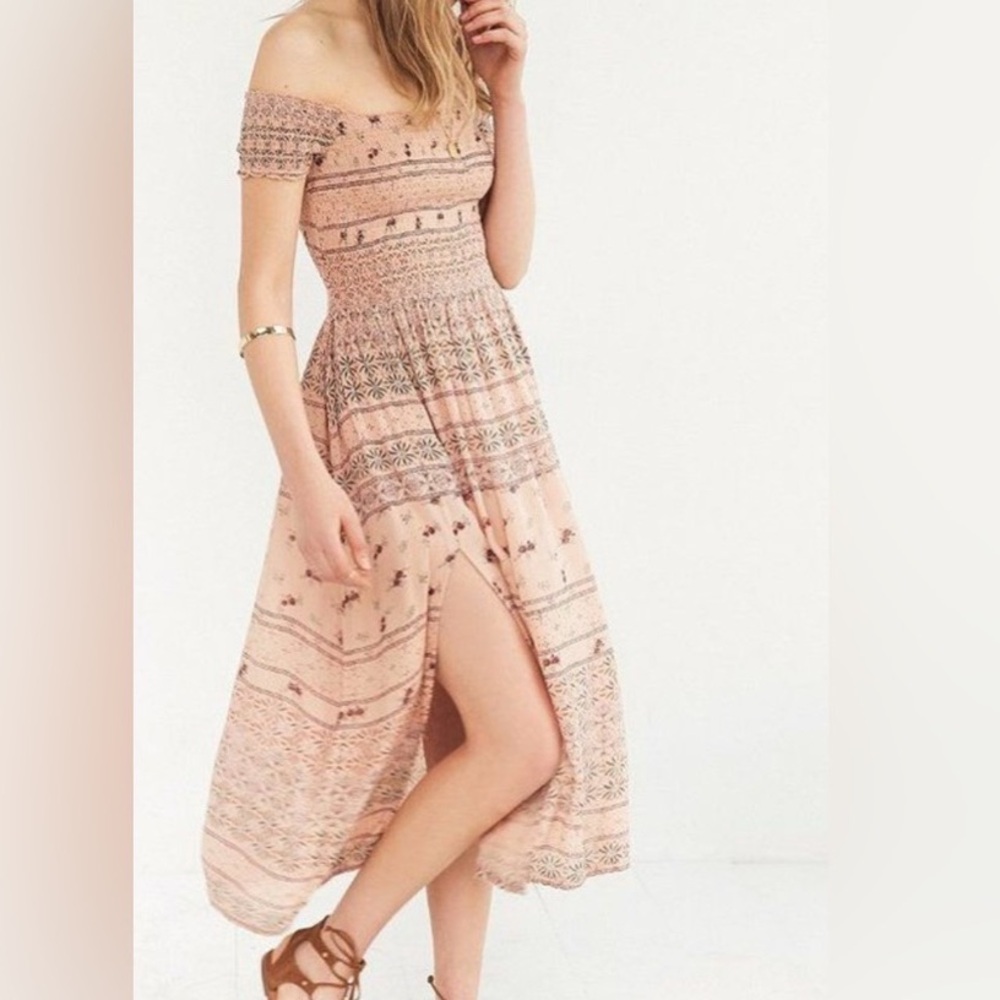 Kimchi Blue Picnic Smocked Off the Shoulder Midi Dress with Side Slits